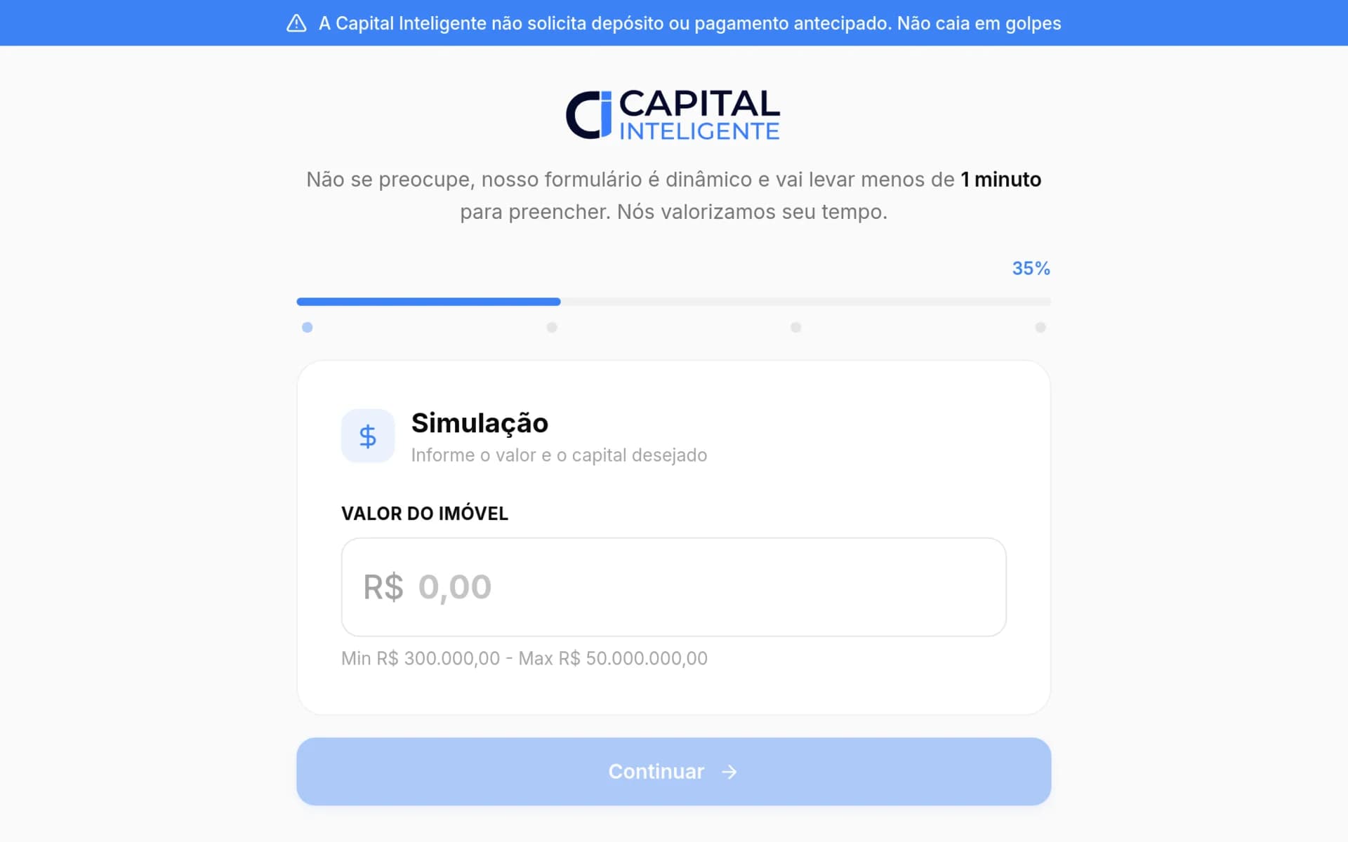 Primeira etapa do simulador da Capital Inteligente, com barra de progresso e campo de valor do imóvel.